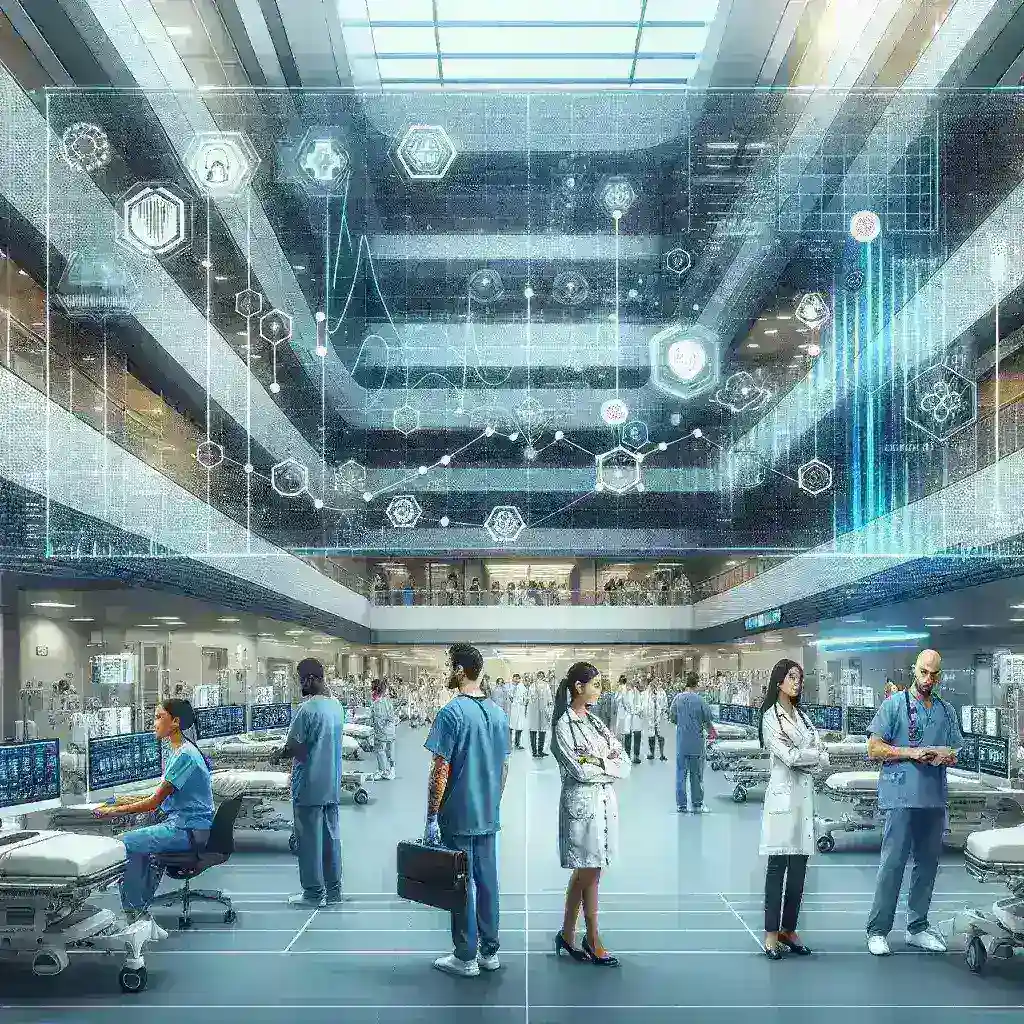 "Hospital en Madrid utilizando inteligencia artificial para predecir brotes gripales, con profesionales de la salud analizando datos en una pantalla digital."